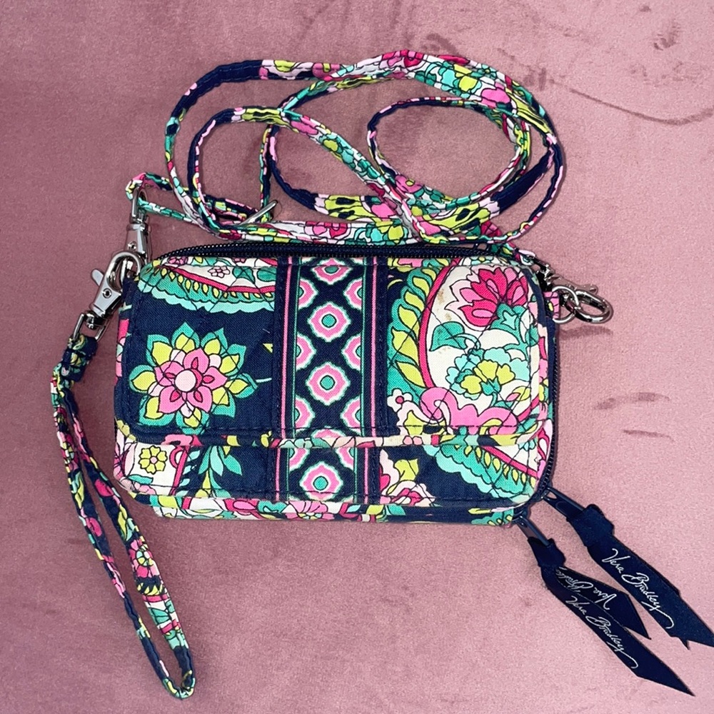 Vera Bradley All In One Crossbody/Wristlet Petal Paisley Navy/Pink Pattern